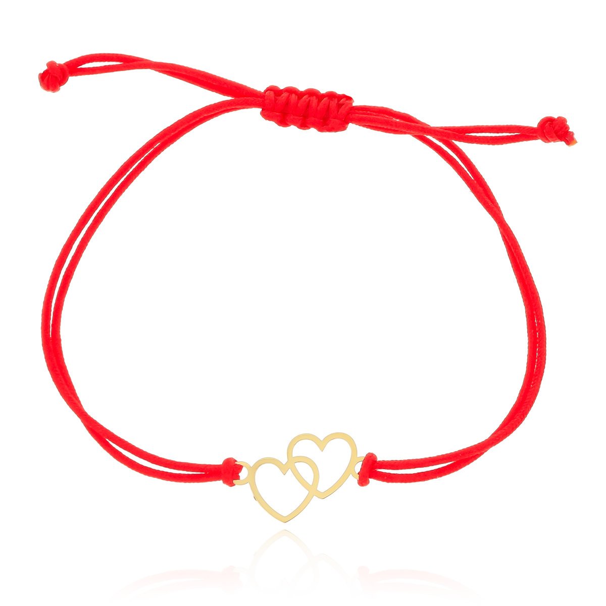 Bransoletka czerwony sznurek dwa złączone serca pr. 585