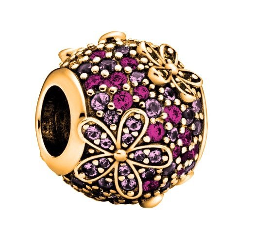 Charms złoty Różowe Cyrkonie Kwiat srebro 925