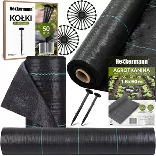 Zestaw Agrotkanina Heckermann 1,6x50m 90g/m2 Czarna + Kołki czarne 50 szt - Agrowłókniny - miniaturka - grafika 1