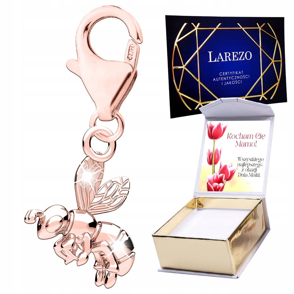 Piękny CHARMS POZŁACANY Wiszący z Pszczółką Lśniąca Pszczoła Osa + NADRUK