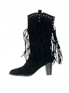 Kozaki damskie - Czarne kozaki na słupku z frędzlami Alba 36,5 - miniaturka - grafika 1