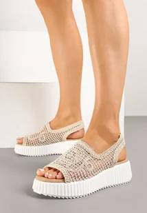 Beżowe Sandały na Tłoczonej Podeszwie z Ażurową Cholewką Tanalisse - Sandały damskie - miniaturka - grafika 1