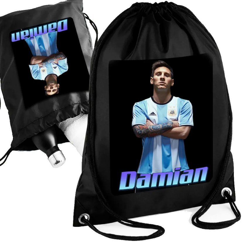 Personalizowany Czarny Worko-Plecak LIONEL MESSI Twoje Imię Nadruk Prezent