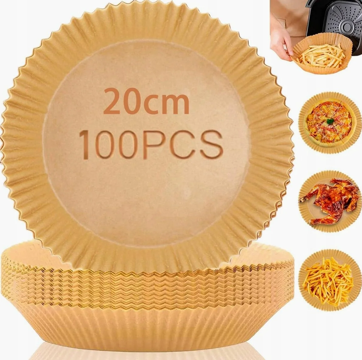 PAPIER DO PIECZENIA 20 CM 100 SZTUK OKRĄGŁY MATA WKŁAD AIR FRYER