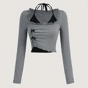 Bluzki damskie - TEMU Bluzka damska z regulowanym wiązaniem na szyi i kokardką - miękki, rozciągliwy top z długim rękawem na wiosnę, i jesień (NS702), jednokolorowa - miniaturka - grafika 1