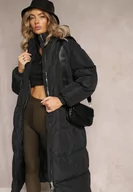 Kurtki damskie - Czarna Długa Kurtka Pikowana z Kapturem Serea - miniaturka - grafika 1