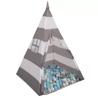 Namioty i tipi dla dzieci - Selonis Namiot tipi NT-200X z piłeczkami 6cm szaro-białe pasy: perła-szary-transparent-babyblue-mięta 43x43x36/100piłek - miniaturka - grafika 1