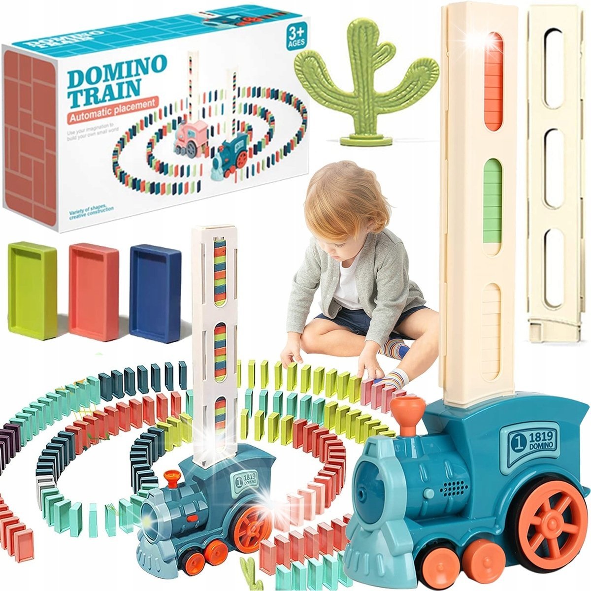 KOLEJKA POCIĄG LOKOMOTYWA AUTOMATYCZNA CIUCHCIA UKŁADAJĄCA KLOCKI DOMINO