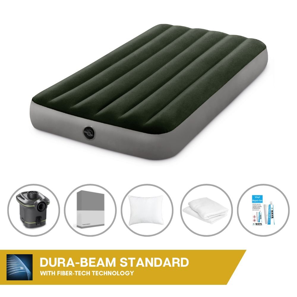 Dmuchane łóżko Intex - 1 osoba - 99 x 191 x 25 cm - Zielony - Z pompką + prześcieradło antracytowe + poduszka + poszewki Molton 2 w 1 + zestaw naprawczy