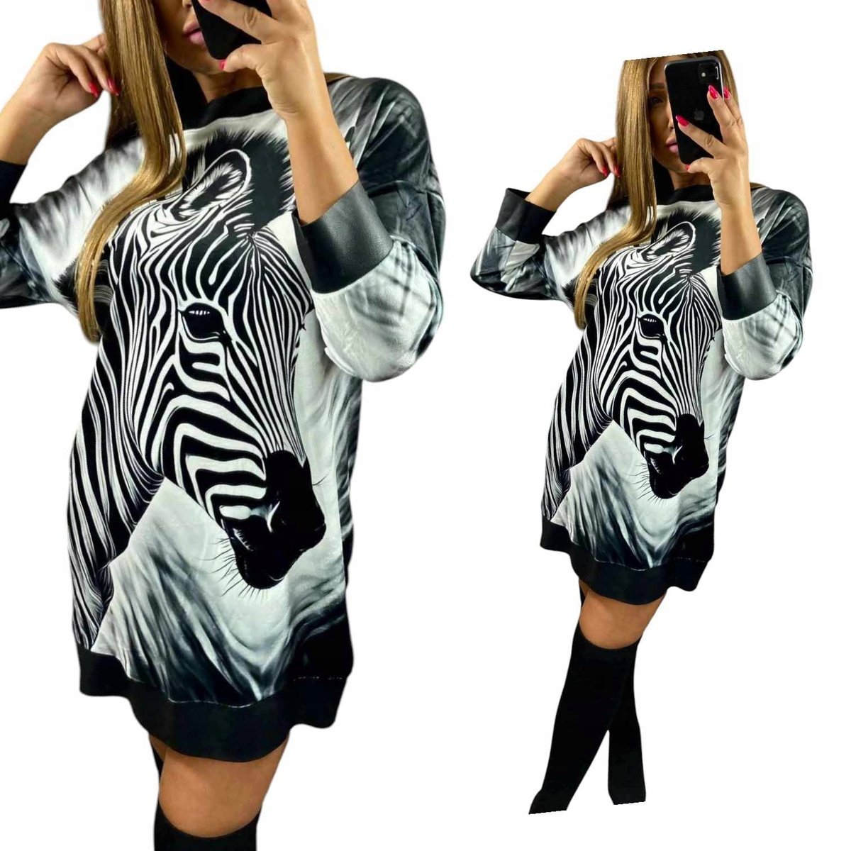 WELUROWA SUKIENKA zebra skóra otulająca kobieca przed kolano 46 48 3XL 4XL