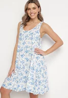 Sukienki - Biało-Niebieska Rozkloszowana Sukienka z Bawełny z Kwiatowym Wzorem Anniviana - miniaturka - grafika 1
