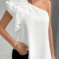 Koszule damskie - TEMU Elegancka bluzka asymetryczna z falbanką dla kobiet - stylowa jednokolorowa, luźna, z tkaniny z unikalnym projektem ramion - miniaturka - grafika 1