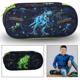 Granatowy, KOMOROWY piórnik szkolny, świecący w ciemności FLUO, saszetka dla chłopca, dinozaury 5x22x10cm - Piórniki - miniaturka - grafika 1