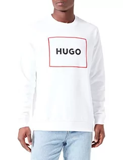 Bluzy męskie - HUGO Męska bluza Delery z bawełny Terry z logo w czerwonej oprawie, White100, M - grafika 1