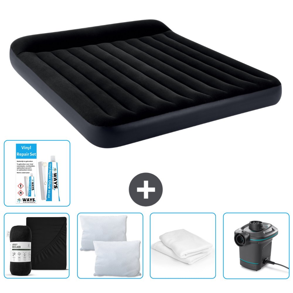 Łóżko powietrzne Intex - 2 osoby - 183 x 203 x 25 cm - Ciemnoniebieski - W zestawie prześcieradło - Pocałunek - Pompka - Zestaw naprawczy en Ochraniacz na poduszkę