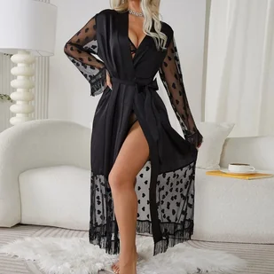 Damski szlafrok z prześwitującymi elementami - Czarny - Szlafroki damskie - miniaturka - grafika 1