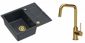 Zlewozmywaki z baterią - Quadron Unique Zlewozmywak granitowy jednokomorowy 62*50*22 cm z ociekaczem MORGAN 116 BLACK DIAMOND z syfonem Push-2-Open w kolorze złotym z baterią NATALIE Q LINE kolor złoty - miniaturka - grafika 1