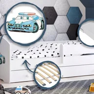 Łóżka dla dzieci i młodzieży - Białe Łóżko Dziecięce w Stylu Skandynawskim z Motywem Policji 140x70 cm z Szufladą – Zawiera Materac Piankowy, Stelaż i Pełną Konstrukcję - miniaturka - grafika 1