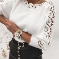 Swetry damskie - TEMU Elegancka Sukienka Sweter z Koronkowymi Rękaniami dla Kobiet - Zimowa Ciepła Długoramienne Okrągłe Wykończenie Biały Świterz Lace, Strukturalne - miniaturka - grafika 1