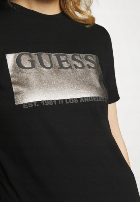 GUESS T-SHIRT CZARNY Z BŁYSZCZĄCYM NADRUKIEM DAMSKI M WŁF