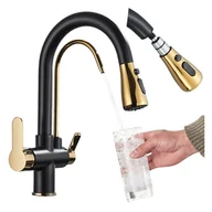 Baterie kuchenne - Bateria Kuchenna Trójdrożna z Obrotową Wyciąganą Wylewką Kran Do Kuchni Filtr NORDIC - CZARNO ZŁOTY - miniaturka - grafika 1