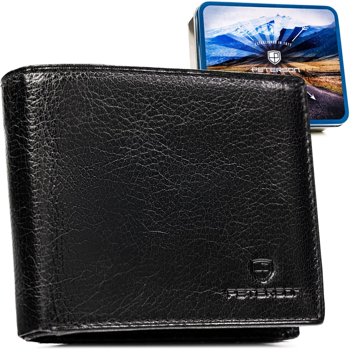 Portfel skórzany męski czarny RFID klasyczny elegancki na prezent PETERSON