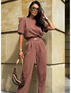 Komplety damskie - Bawełniany komplet bluzka ze spodniami XANDRA - karmelowy - miniaturka - grafika 1