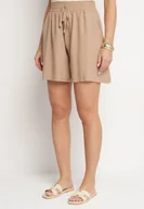 Spodenki damskie - Beżowe Bawełniane Szorty z Wysokim Stanem i Wiązaniem Zenmio - miniaturka - grafika 1