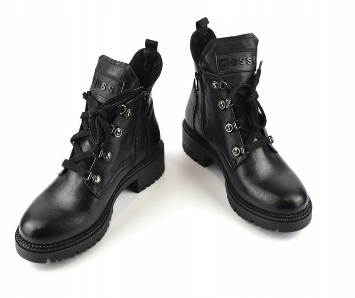 Czarne trzewiki botki trapery damskie NESSI 24704 skóra licowa modne r.38