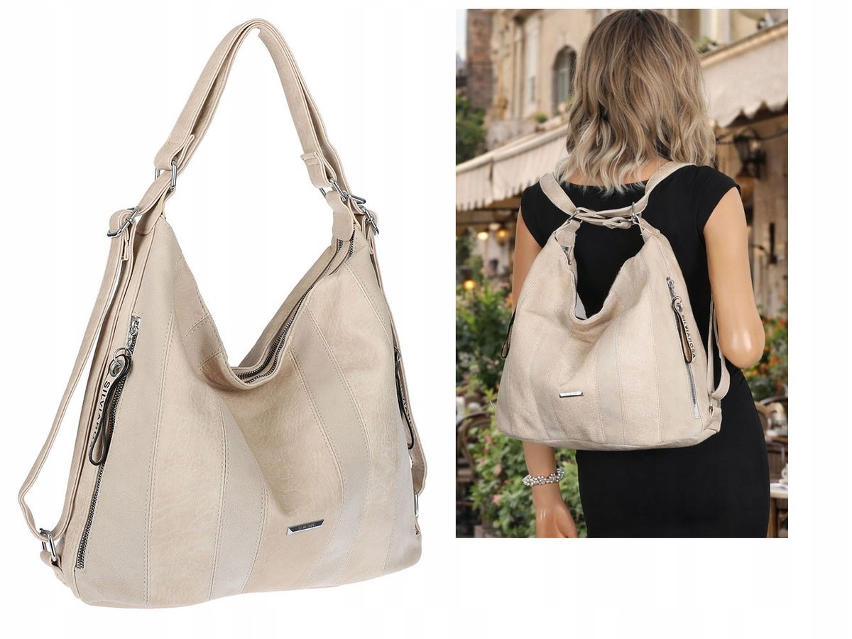 Torebka Damska Shopper Plecak Miejska 2w1 Worek Torba na Ramię SR090 Beżowa