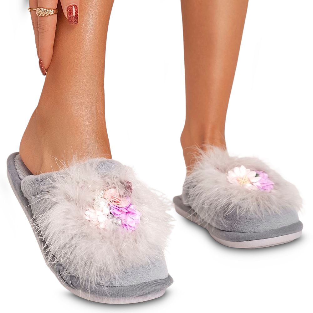 Kapcie Papcie Domowe Cieple z Futerkiem Damskie Ballegra z Kwiatami Szare 36