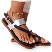 Sandały damskie - Skórzane Sandały Japonki Big Star HH274712 Czarno-Srebrne czarne srebrny - miniaturka - grafika 1