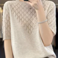 Swetry damskie - TEMU Elegancka koszulka z okrągłym dekoltem i krótkim rękawem, z węzłem, jednokolorowa, z wąską, z drążką, dla kobiet - miniaturka - grafika 1