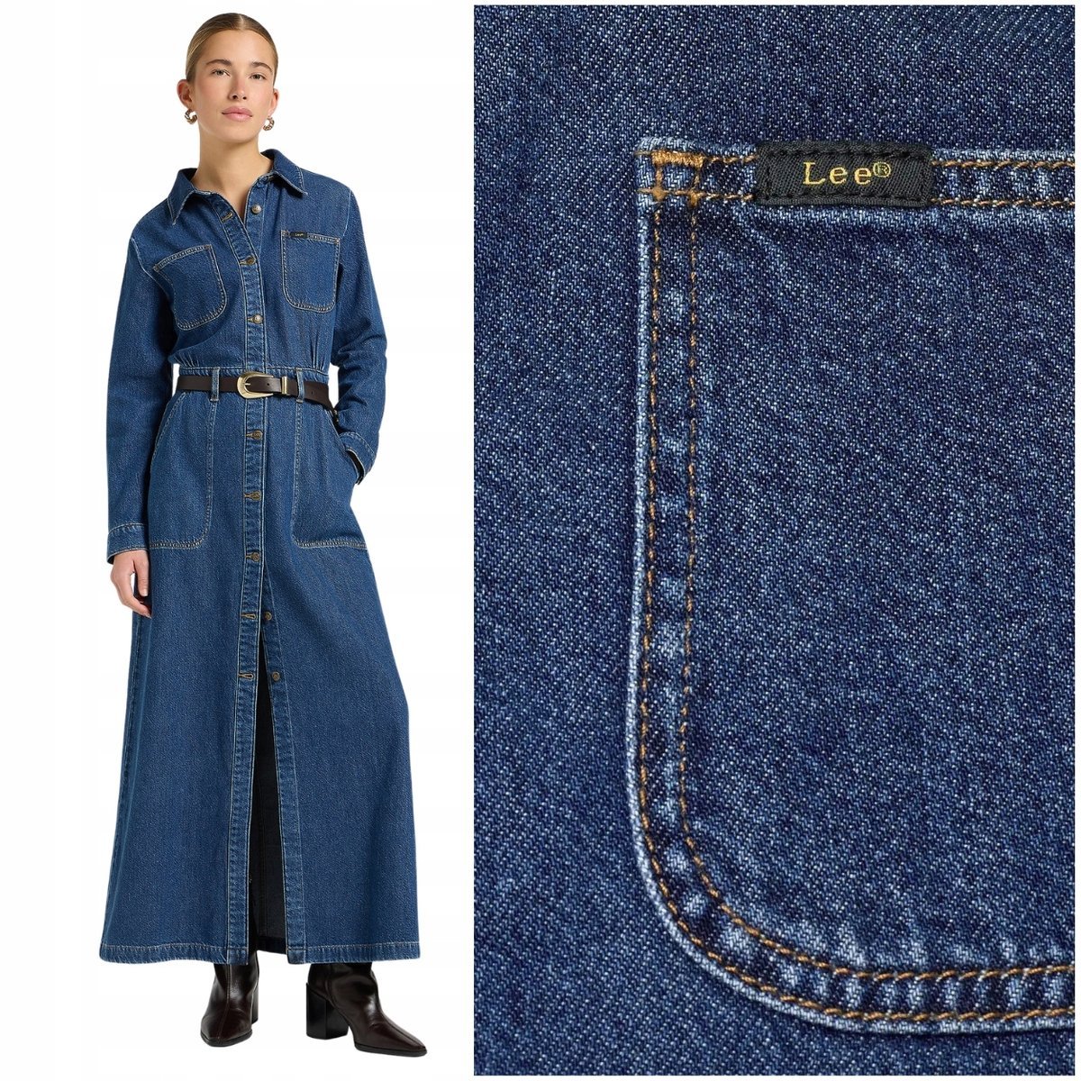 Lee Maxi Denim Utility Dress długa ciemna sukienka jeansowa M