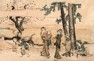 Plakaty - Plakat, Hokusai, Group of Figures near a Brook, 100x70 cm - miniaturka - grafika 1