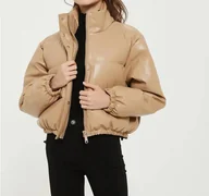 Kurtki damskie - Skórzana zimowa kurtka damska - Beżowy - miniaturka - grafika 1