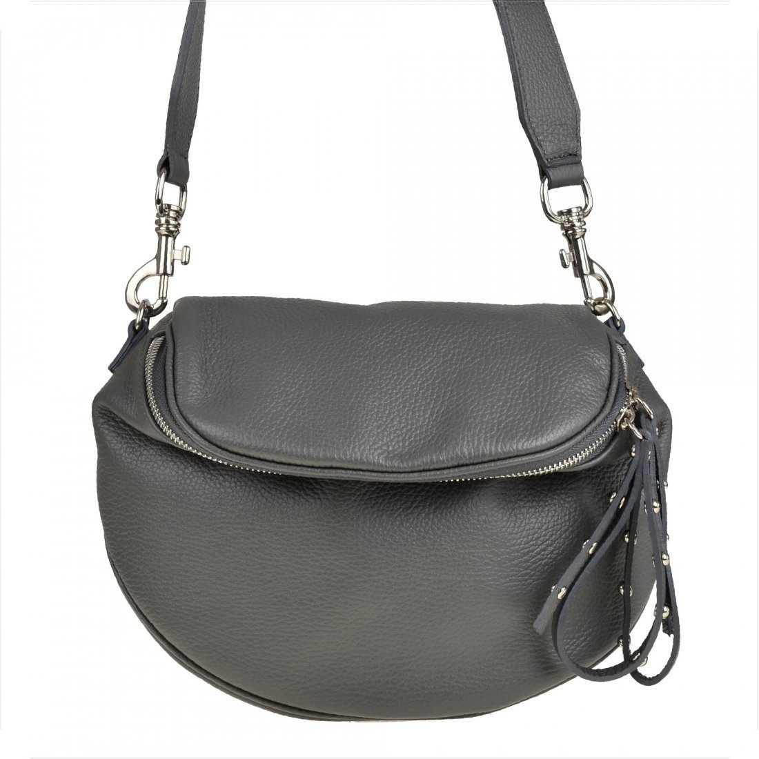 Lekka skórzana szara listonoszka z szerokim paskiem.