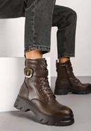 Botki damskie - Ciemnobeżowe Botki w Stylu Workerów na Grubej Podeszwie Berimona - miniaturka - grafika 1