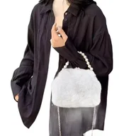 Torebki damskie - Stylowa Pluszowa Torebka na Ramię Szara z Łańcuszkiem i Koralami - miniaturka - grafika 1