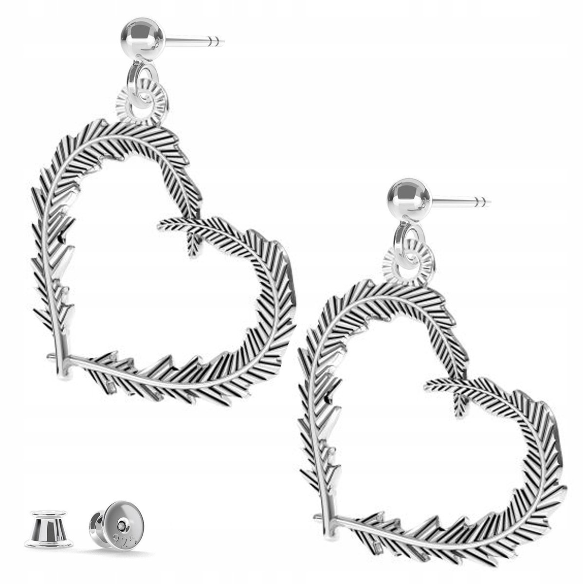 Kolczyki srebrne Serce Pióro Serduszko 925