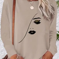 Bluzki damskie - TEMU Damska Musztardowo-Żółta Bluzka z Długim Rękawem i Dużym Białym Nadrukiem Twarzy & Ust – Dopasowana Okrągła Szyja, 100% Casualowa Koszulka na - miniaturka - grafika 1