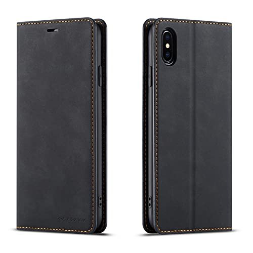 QLTYPRI Etui na iPhone XS Max, wysokiej jakości skóra PU, osłona TPU z uchwytem na karty, podpórka, ukryta adsorpcja magnetyczna, etui z klapką w stylu portfela do iPhone XS Max - czarne