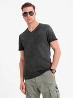 Koszulki męskie - Męski bawełniany t-shirt V-neck z dzianiny z efektem sprania - czarny V6 OM-TSWT-0242 XXL - miniaturka - grafika 1