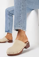 Klapki i japonki damskie - Beżowe Klapki Chodaki z Ekozamszu z Ozdobnymi Nitami Pheriza - miniaturka - grafika 1