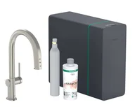 Baterie kuchenne - Hansgrohe Aqittura M91 - Bateria zlewozmywakowa z wyciąganą wylewką SodaSystem, sBox, stal szlachetna optyczna 76806800 - miniaturka - grafika 1