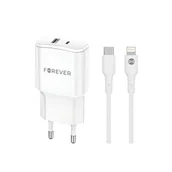 Kable USB - Forever ładowarka sieciowa PD QC TC-01-20AC 1x USB-C 1x USB 20W biała + kabel USB-C - Lightning 20W - miniaturka - grafika 1