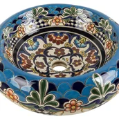 Umywalki - Meksykańska ceramiczna umywalka nablatowa z reliefem La Reina Prima – okrągła umywalka łazienkowa 40 x 13,5 cm Umywalka z motywami Talavera - miniaturka - grafika 1