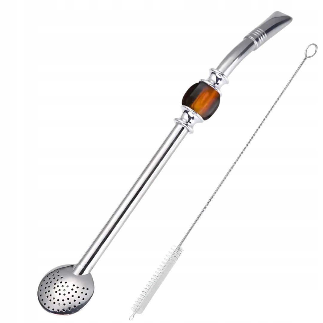 Bombilla Yerba Mate z Bursztynowym Kamieniem 21cm + Czyścik