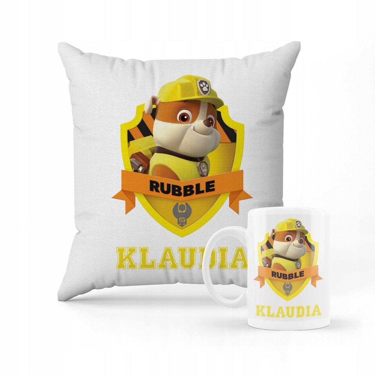ZESTAW KUBEK + PODUSZKA PSI PATROL RUBBLE + IMIĘ