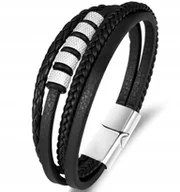 Bransolety męskie - BRANSOLETKA MĘSKA SKÓRZANA POCZWÓRNA SREBRNA STAL CHIRURGICZNA MODNA MOCNA - miniaturka - grafika 1